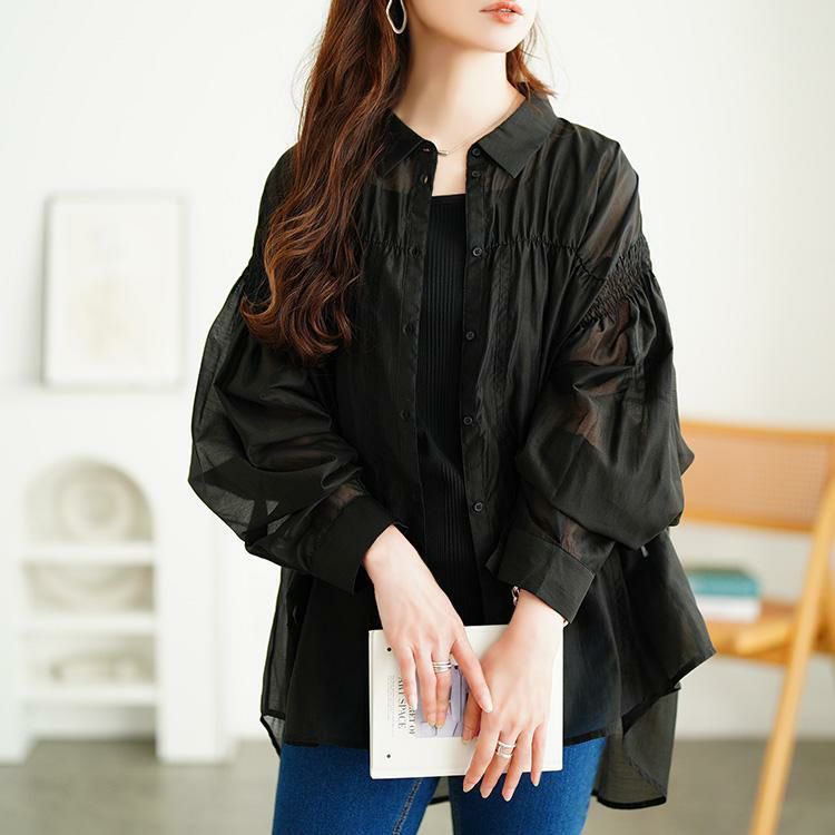 大きいサイズ レディース シャーリングシアーシャツ　tana-ww650050 【メール便可】 ブラック