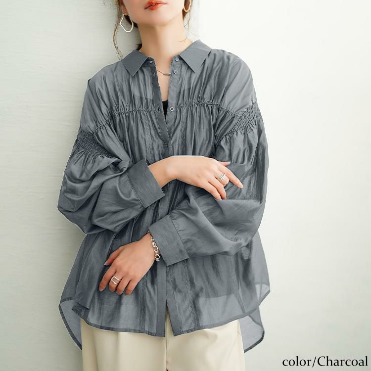 大きいサイズ レディース シャーリングシアーシャツ　tana-ww650050 【メール便可】 チャコール