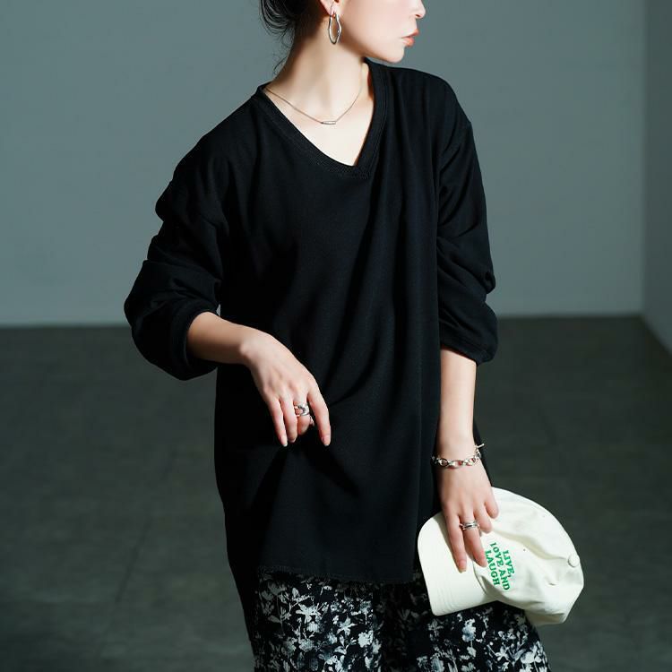 大きいサイズ レディース Vネックステップヘムプルオーバー　jp565 【メール便可】 ブラック