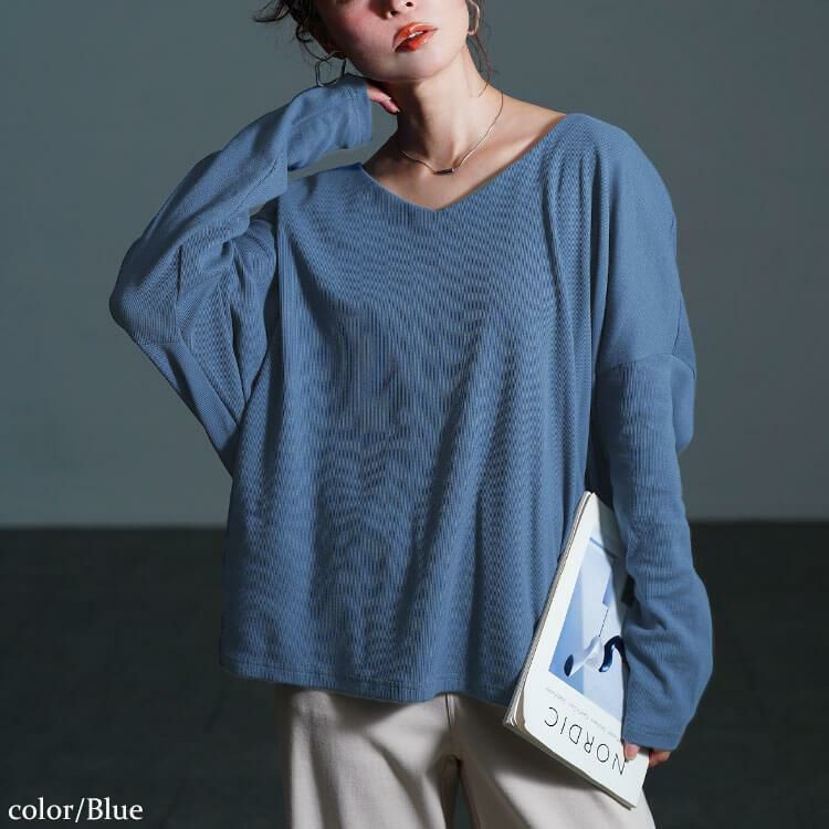大きいサイズ レディース Vネックリブドルマンプルオーバー　jp564 ブルー