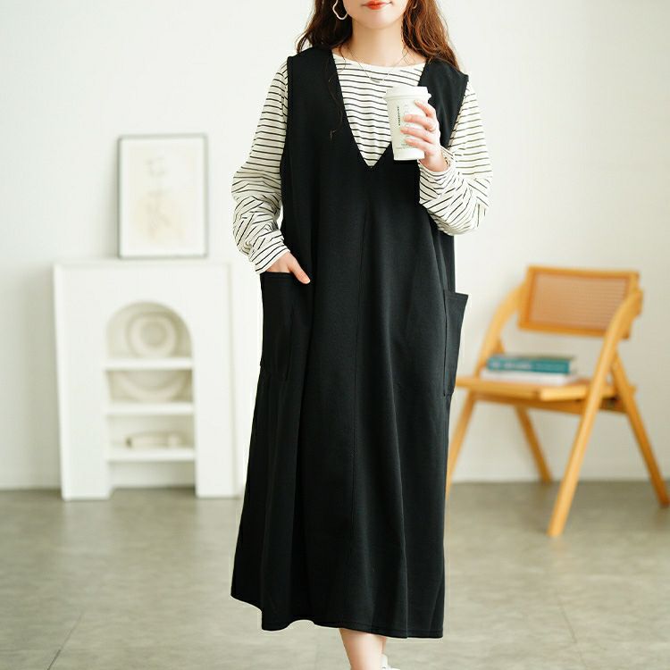 大きいサイズ レディース ジャンパースカート＆ボーダーロンT2点セット　cast-5556022