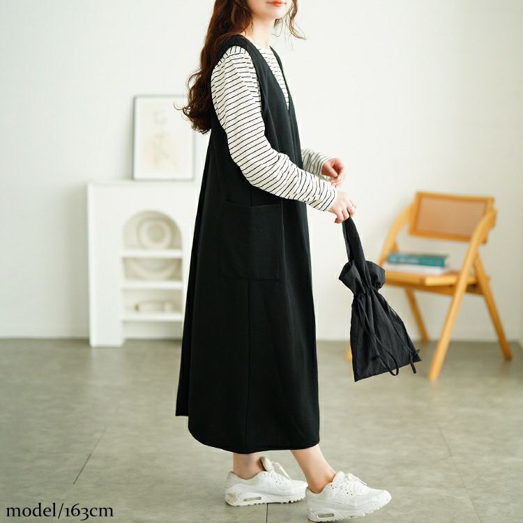 大きいサイズ レディース ジャンパースカート＆ボーダーロンT2点セット　cast-5556022