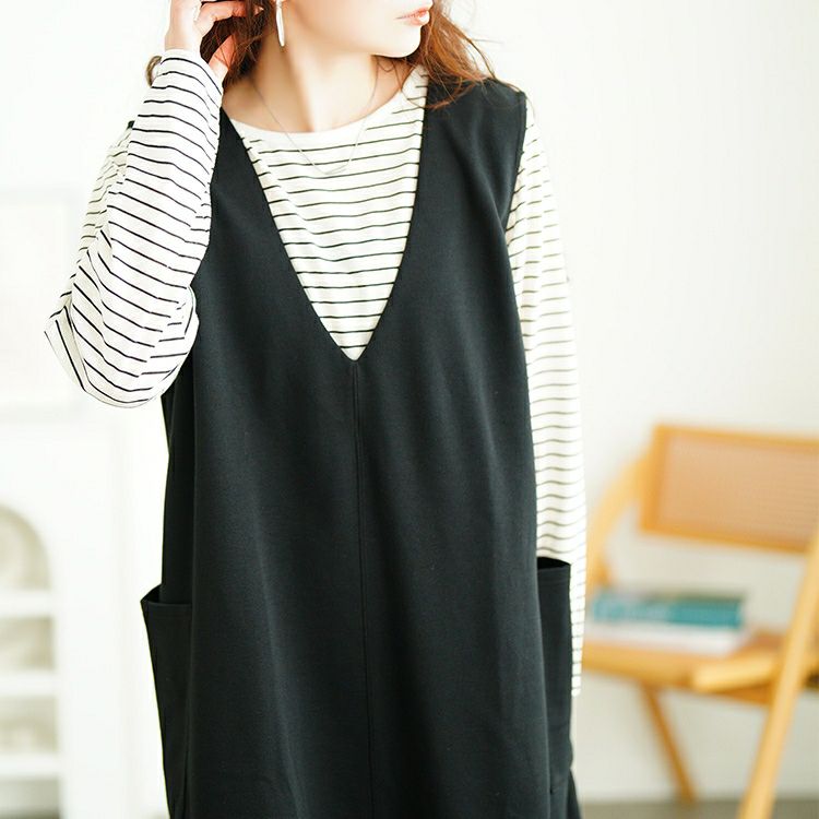 大きいサイズ レディース ジャンパースカート＆ボーダーロンT2点セット　cast-5556022