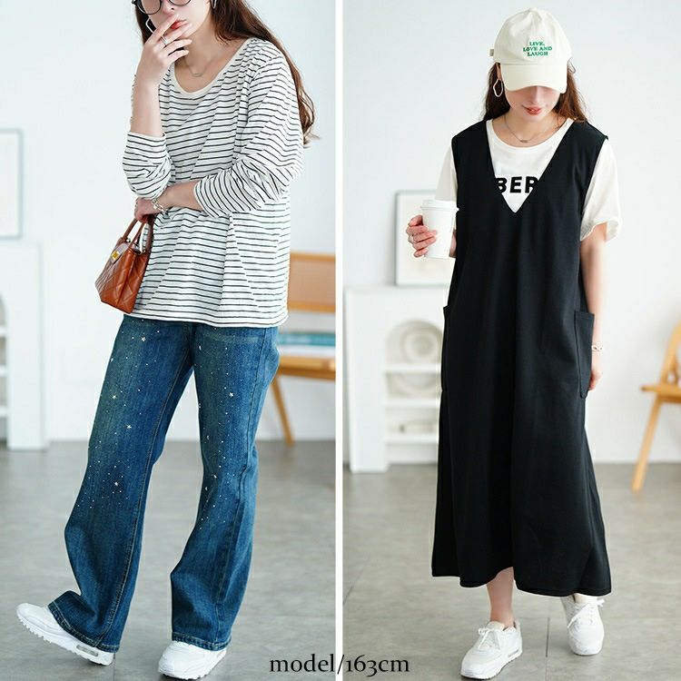 大きいサイズ レディース ジャンパースカート＆ボーダーロンT2点セット　cast-5556022