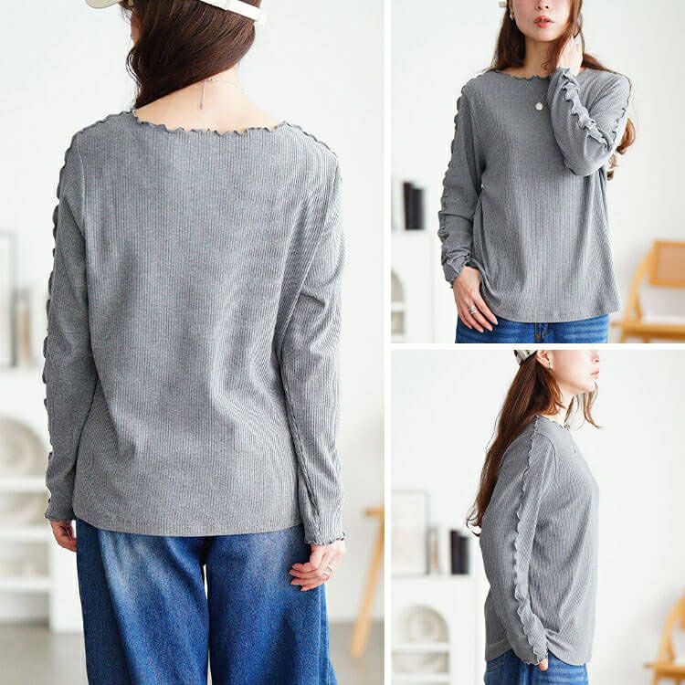 大きいサイズ レディース クルーネックショルダーメローリブトップス　cpdai-651064 【メール便可】