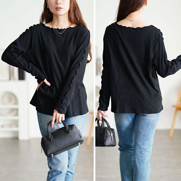 大きいサイズ レディース クルーネックショルダーメローリブトップス　cpdai-651064 【メール便可】