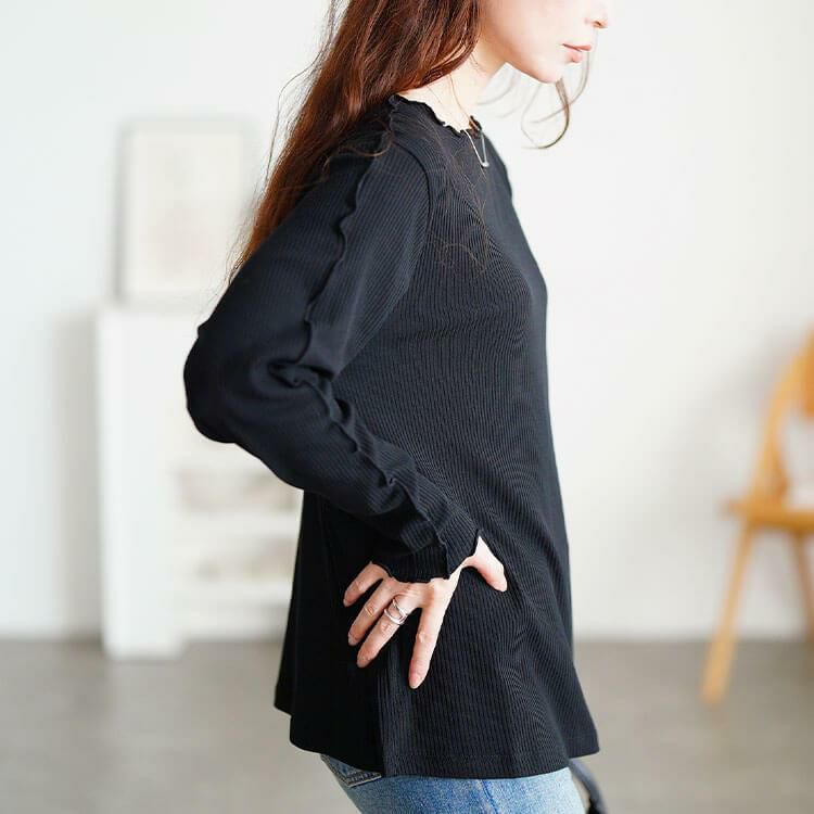 大きいサイズ レディース クルーネックショルダーメローリブトップス　cpdai-651064 【メール便可】 ブラック