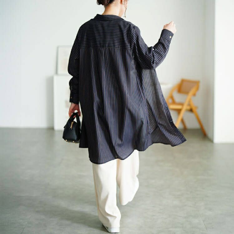 大きいサイズ レディース 胸ポケットストライプシャツチュニック　cpdai-640856 【メール便可】