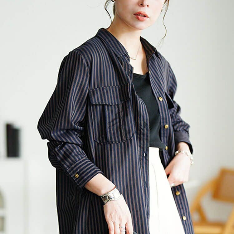 大きいサイズ レディース 胸ポケットストライプシャツチュニック　cpdai-640856 【メール便可】