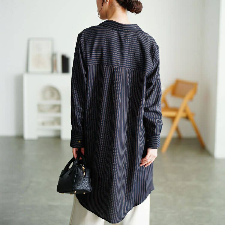 大きいサイズ レディース 胸ポケットストライプシャツチュニック　cpdai-640856 【メール便可】