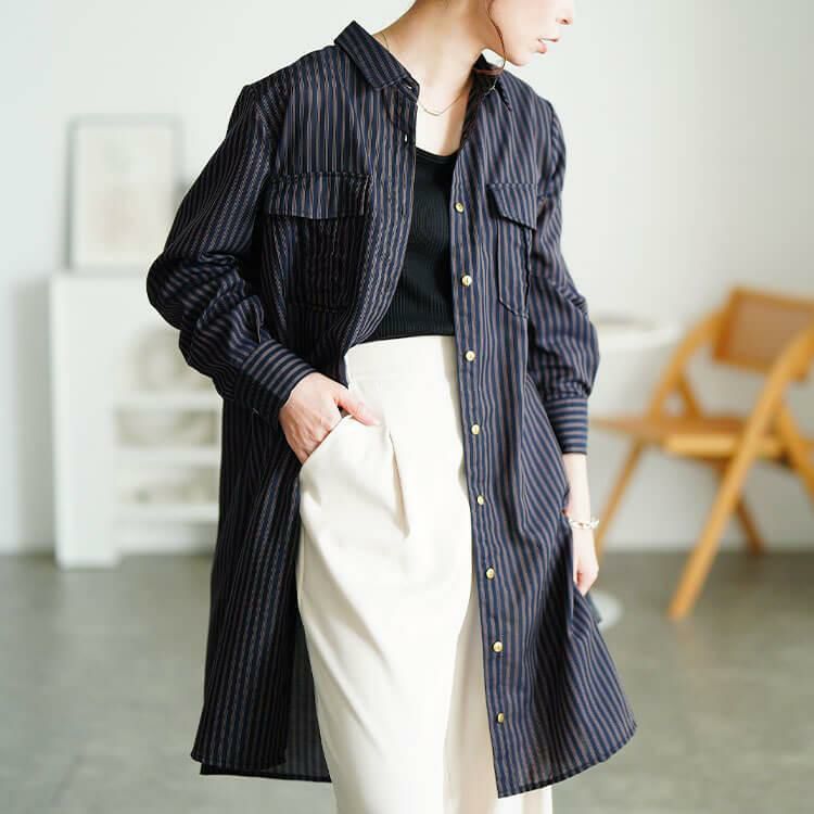 大きいサイズ レディース 胸ポケットストライプシャツチュニック　cpdai-640856 【メール便可】 ストライプ