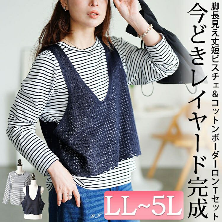 大きいサイズ レディース レース編みビスチェ＆コットンボーダーロンT2点セット　cpdai-640870 【メール便可】