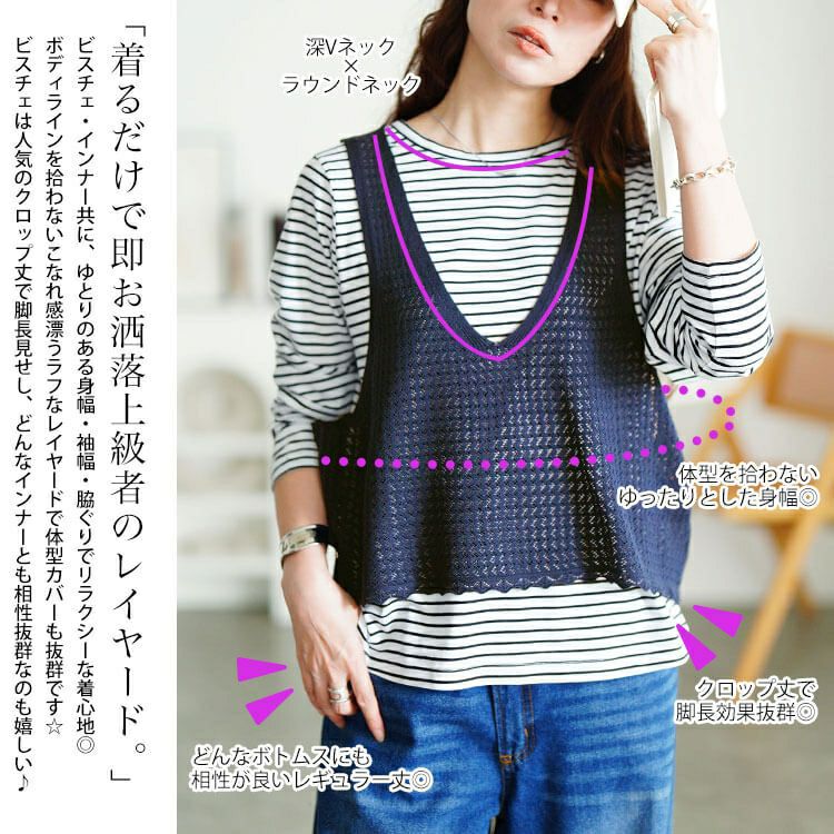 大きいサイズ レディース レース編みビスチェ＆コットンボーダーロンT2点セット　cpdai-640870 【メール便可】