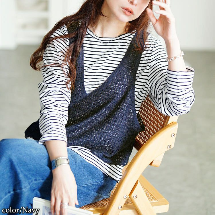 大きいサイズ レディース レース編みビスチェ＆コットンボーダーロンT2点セット　cpdai-640870 【メール便可】