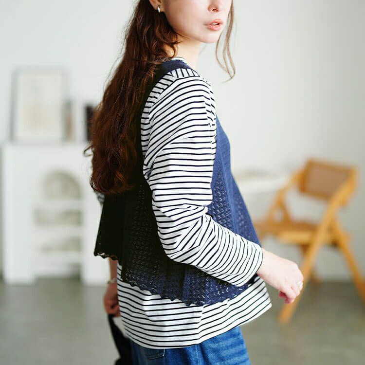 大きいサイズ レディース レース編みビスチェ＆コットンボーダーロンT2点セット　cpdai-640870 【メール便可】