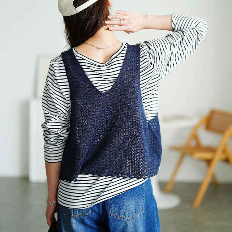 大きいサイズ レディース レース編みビスチェ＆コットンボーダーロンT2点セット　cpdai-640870 【メール便可】