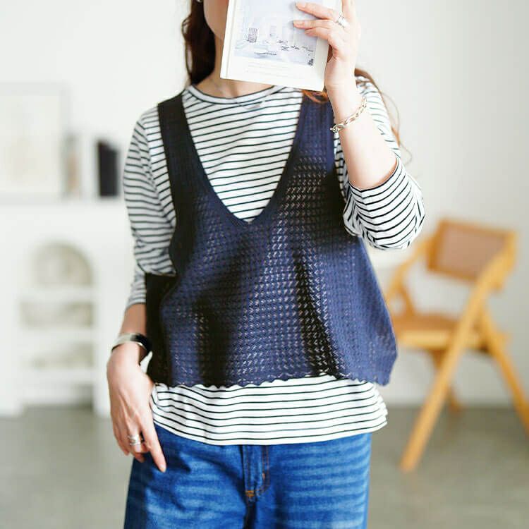 大きいサイズ レディース レース編みビスチェ＆コットンボーダーロンT2点セット　cpdai-640870 【メール便可】