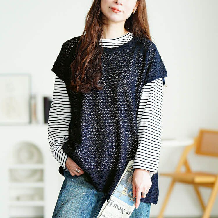 大きいサイズ レディース レース編みベスト＆コットンボーダーロンT2点セット　cpdai-640869 【メール便可】