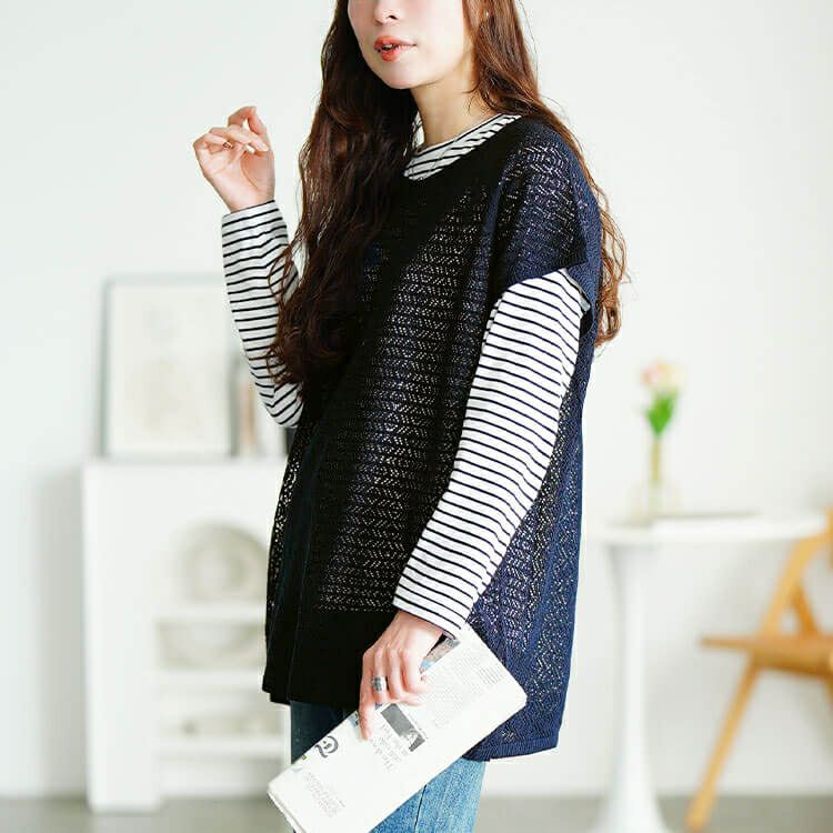 大きいサイズ レディース レース編みベスト＆コットンボーダーロンT2点セット　cpdai-640869 【メール便可】