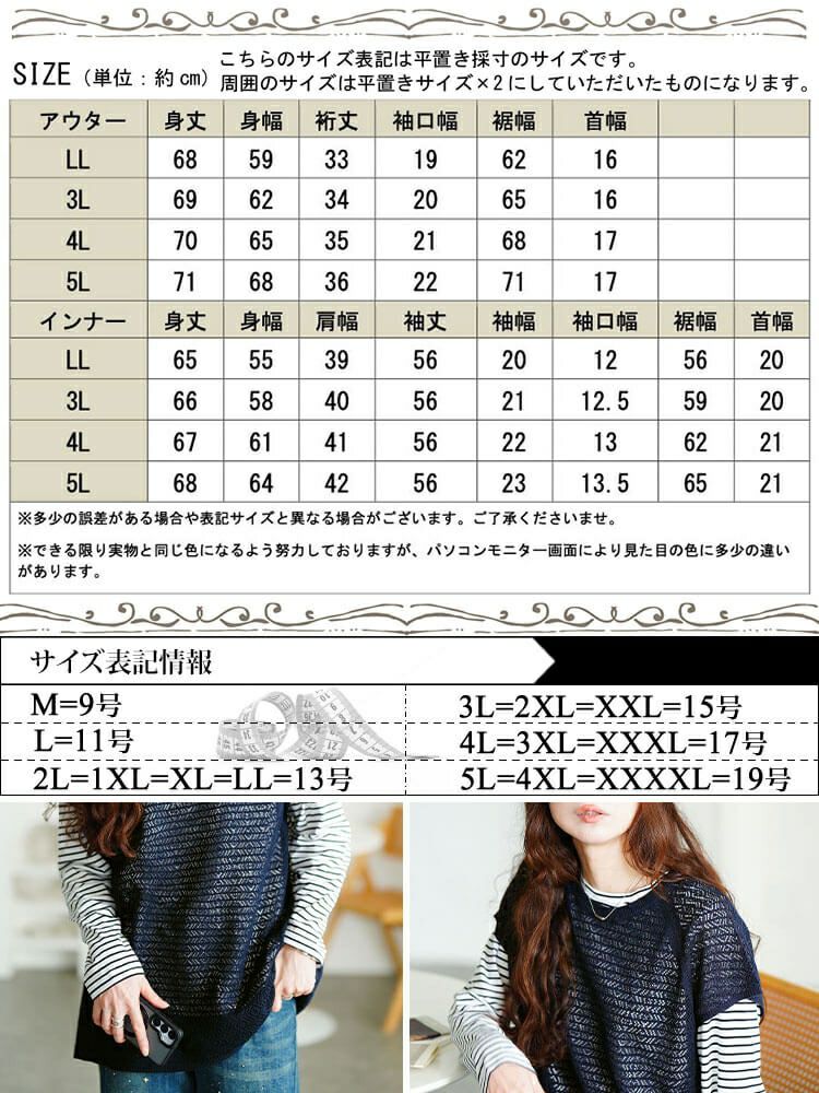 大きいサイズ レディース レース編みベスト＆コットンボーダーロンT2点セット　cpdai-640869 【メール便可】