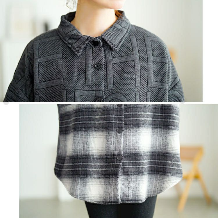 大きいサイズ レディース チェック柄切り替えビックシャツ　goldy-1752