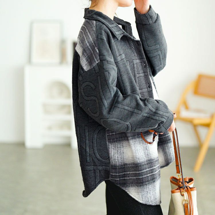 大きいサイズ レディース チェック柄切り替えビックシャツ　goldy-1752