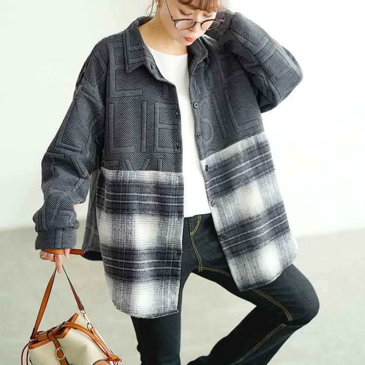 大きいサイズ レディース チェック柄切り替えビックシャツ　goldy-1752 グレー