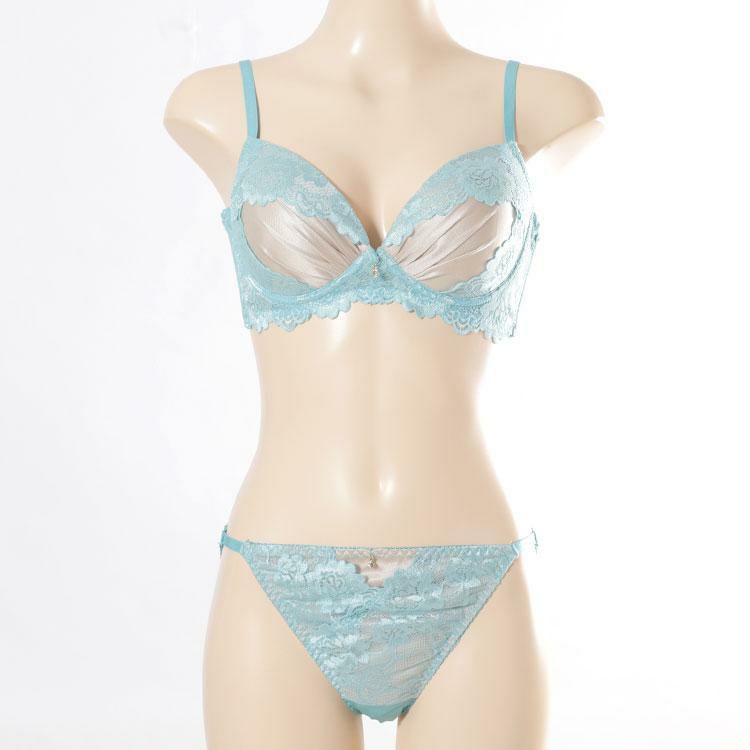 大きいサイズ レディース サテン切り替えノンワイヤーブラ＆ショーツ2点セット　nima-nj2185 エメグリーン