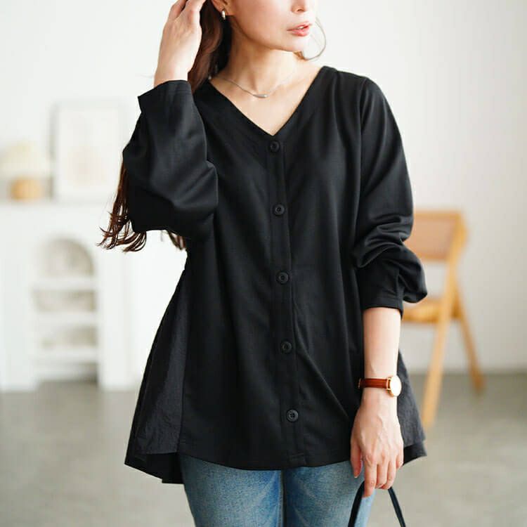 大きいサイズ レディース 異素材切り替えペプラムチュニック　fem-617