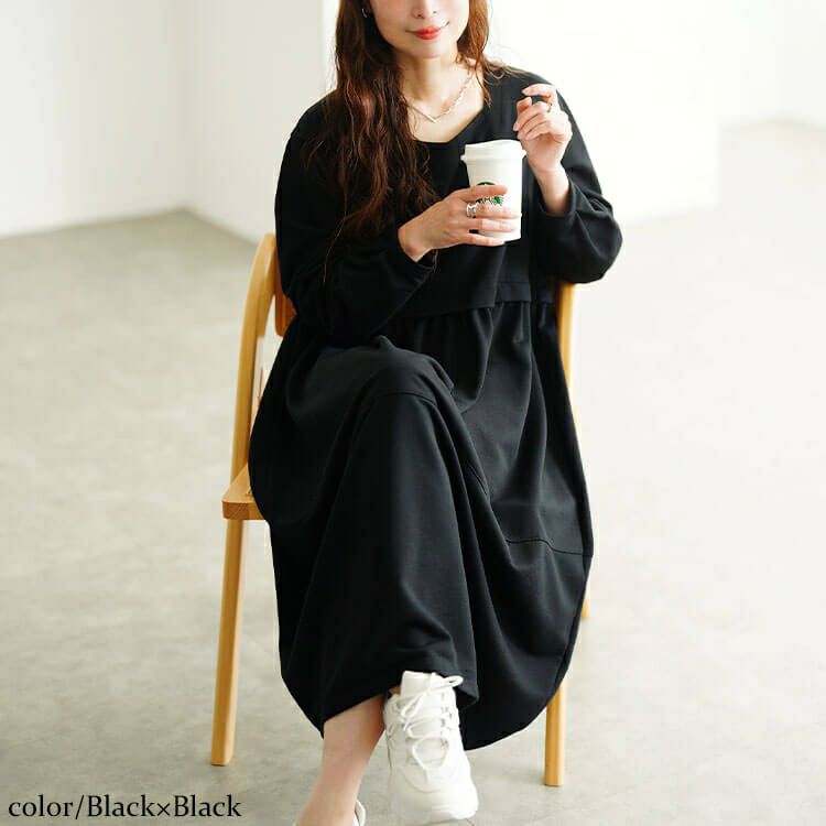 大きいサイズ レディース 袖口タックドッキングバルーンワンピース fem