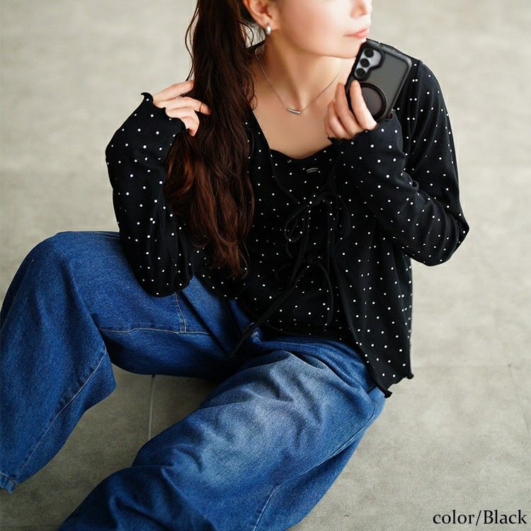 大きいサイズ レディース ドット柄リボンメローカーディガン＆キャミソール2点セット　tana-115kj477