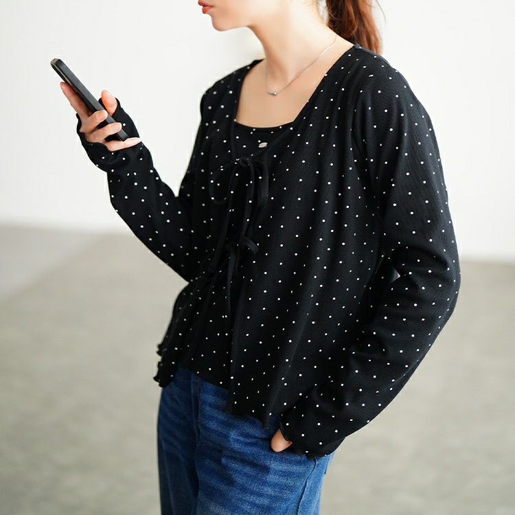 大きいサイズ レディース ドット柄リボンメローカーディガン＆キャミソール2点セット　tana-115kj477