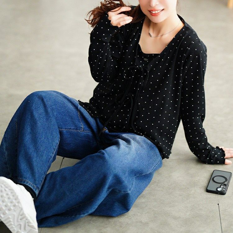 大きいサイズ レディース ドット柄リボンメローカーディガン＆キャミソール2点セット　tana-115kj477