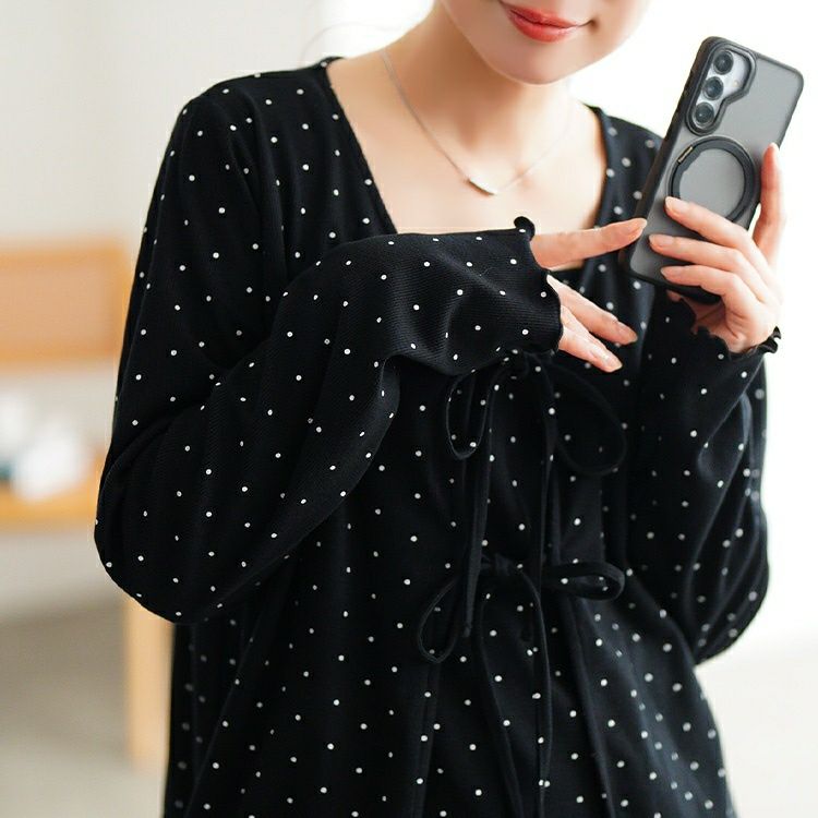 大きいサイズ レディース ドット柄リボンメローカーディガン＆キャミソール2点セット　tana-115kj477