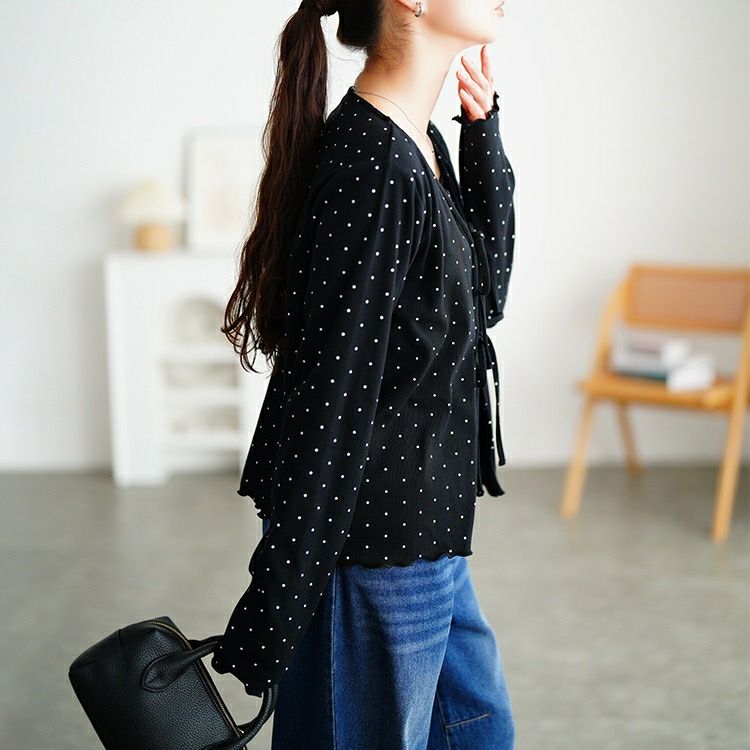 大きいサイズ レディース ドット柄リボンメローカーディガン＆キャミソール2点セット　tana-115kj477