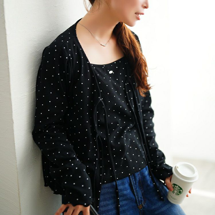 大きいサイズ レディース ドット柄リボンメローカーディガン＆キャミソール2点セット　tana-115kj477