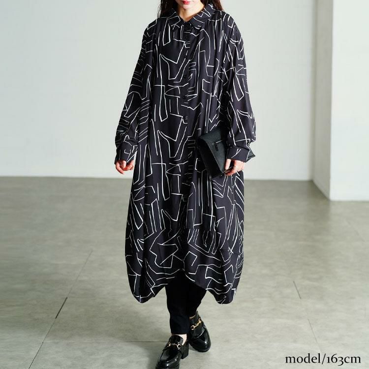 大きいサイズ レディース 幾何学柄サイドコクーン変形シャツチュニック
