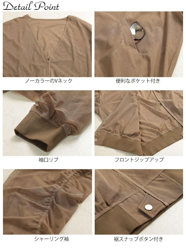 大きいサイズ レディース ギャザースリーブZIPシアーブルゾン　nw-25035