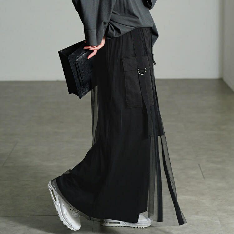 大きいサイズ レディース チュールレイヤードワイドカーゴパンツ　sw-0814