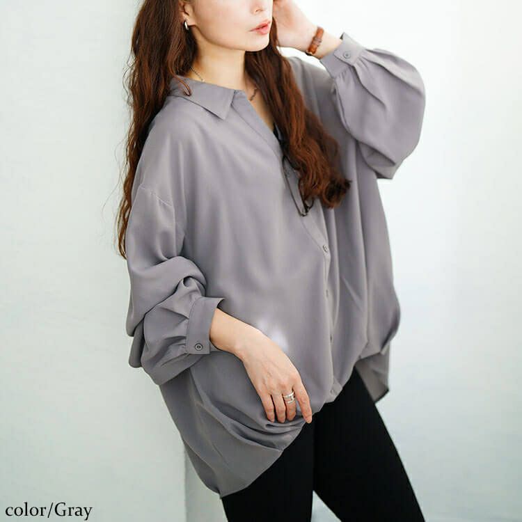 大きいサイズ レディース 裾タックボリューム袖スキッパーシャツ　sw-0812 【メール便可】