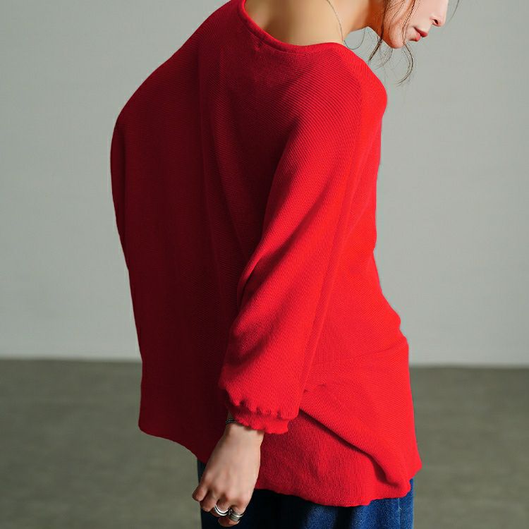 大きいサイズ レディース Vネック片畦編みドルマンニット　sum-0027