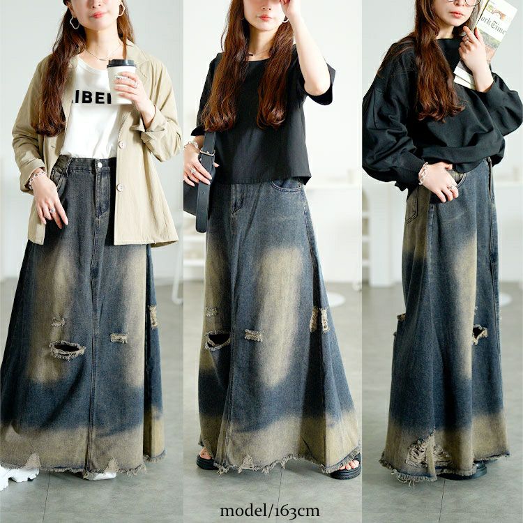 大きいサイズ レディース ダメージデニムロングスカート　goldy-1761