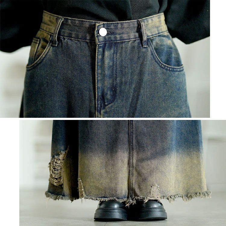 大きいサイズ レディース ダメージデニムロングスカート　goldy-1761