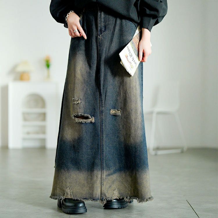 大きいサイズ レディース ダメージデニムロングスカート　goldy-1761