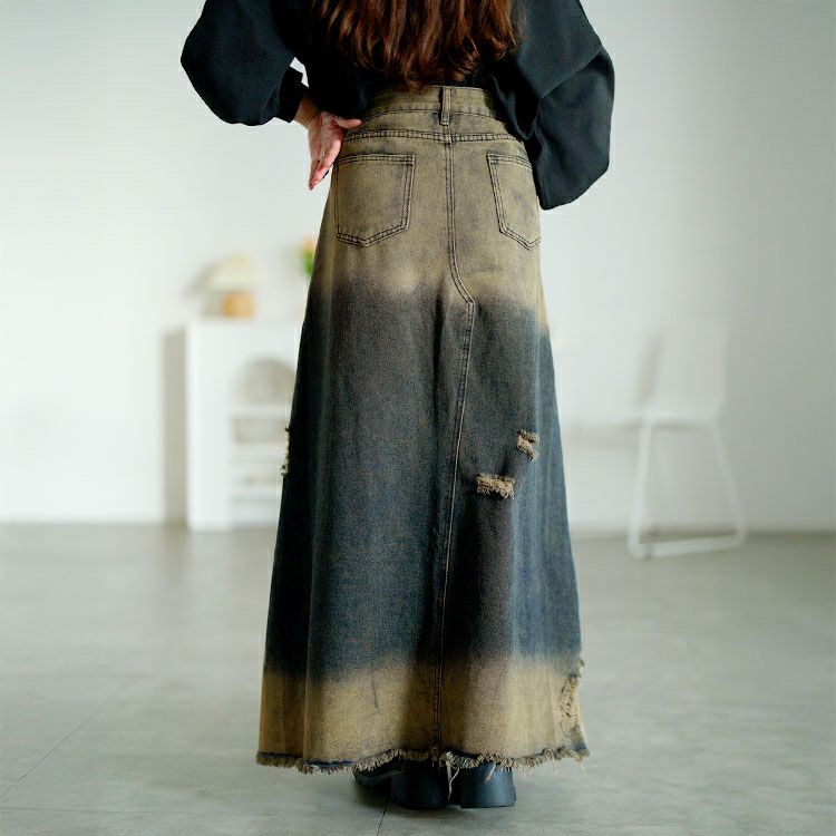 大きいサイズ レディース ダメージデニムロングスカート　goldy-1761