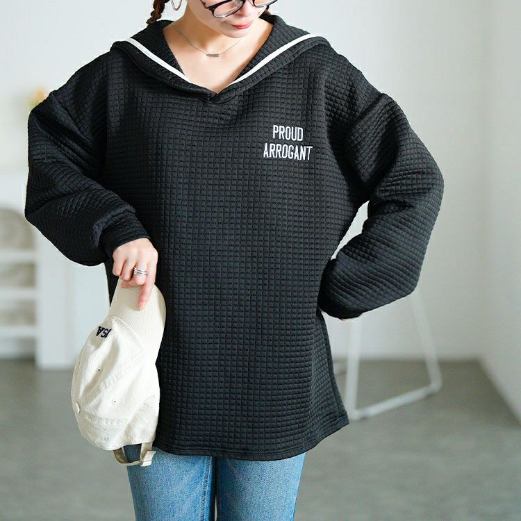 大きいサイズ レディース セーラーカラーワッフルトップス　goldy-1763