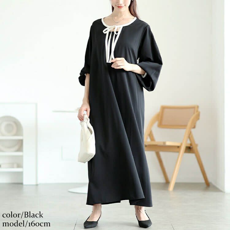 大きいサイズ レディース 配色パイピングリボンAラインワンピース　fem-602 【メール便可】