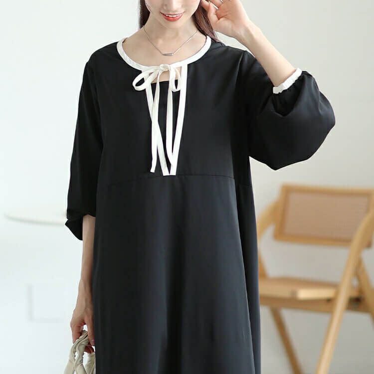 大きいサイズ レディース 配色パイピングリボンAラインワンピース　fem-602 【メール便可】