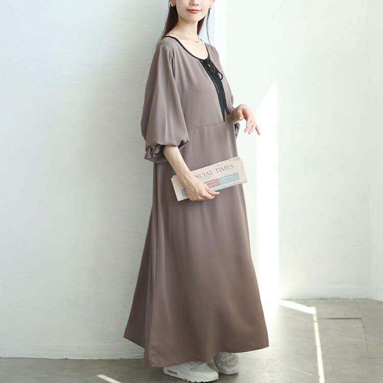 大きいサイズ レディース 配色パイピングリボンAラインワンピース　fem-602 【メール便可】