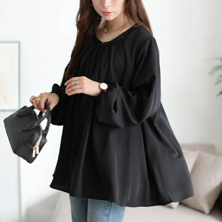 大きいサイズ レディース ラウンドネックタックフレアブラウス　fem-601 【メール便可】